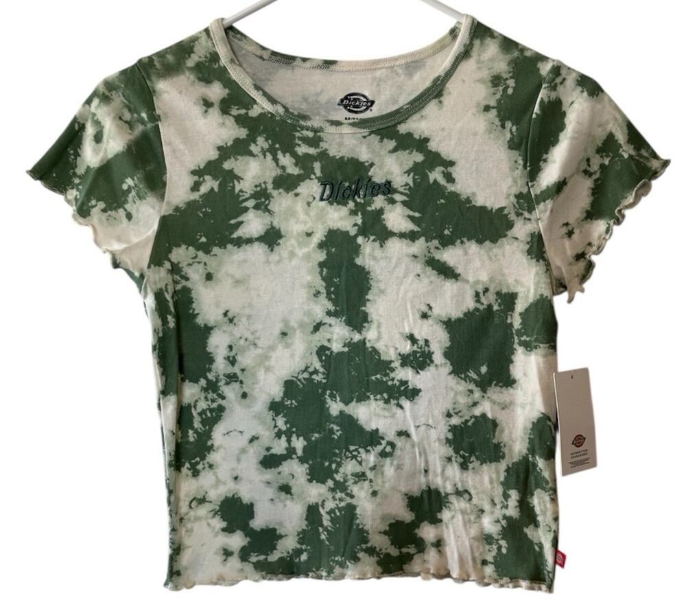 Dickies Juniors M Ivy Green Tie Dye Baby Tee Crop Top Lettuce Hem NWT